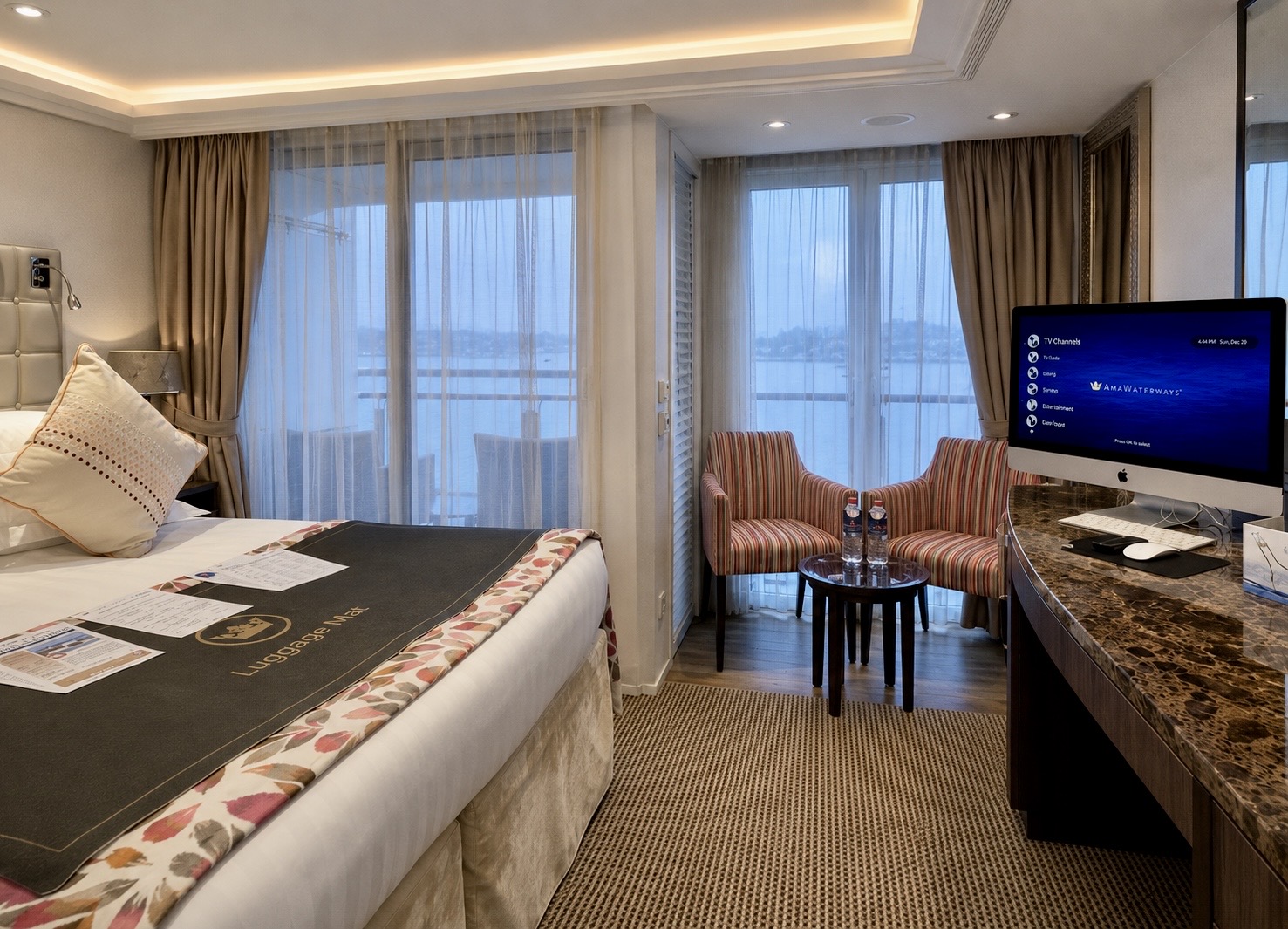AmaWaterways twin balcony stateroom, showing both the step-out balcony and the French balcony.