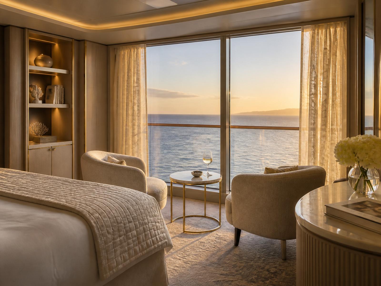 Elegant suite aboard a small luxury cruise ship at golden hour, with floor-to-ceiling windows overlooking the sea