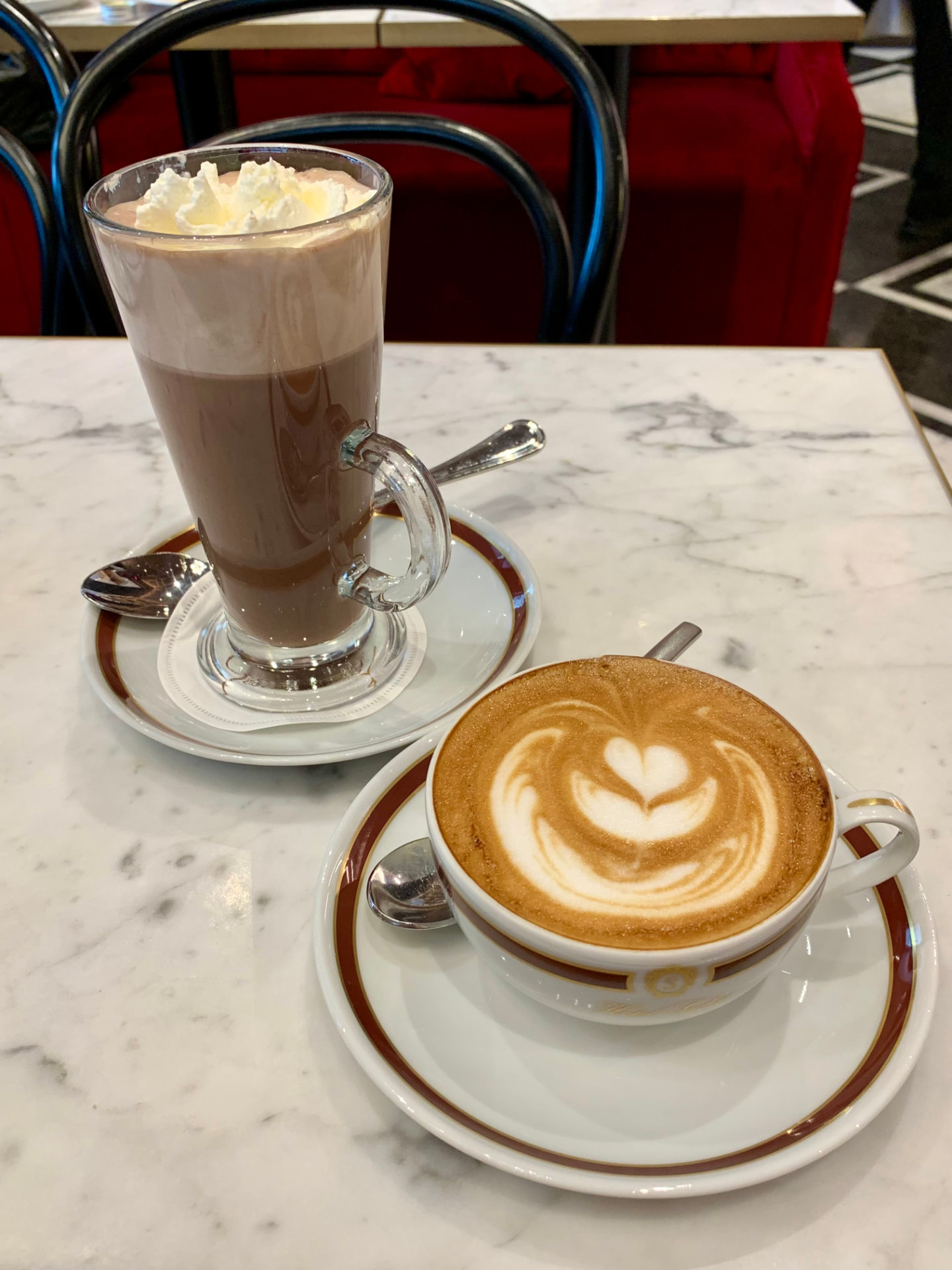 Hot chocolate and a cappuccino at a European café, a favorite stop during a river cruise