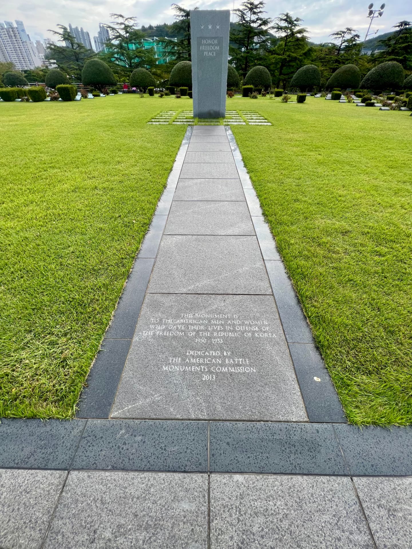 The Honor, Freedom, Peace monument at the United Nations Memorial Cemetery in Korea