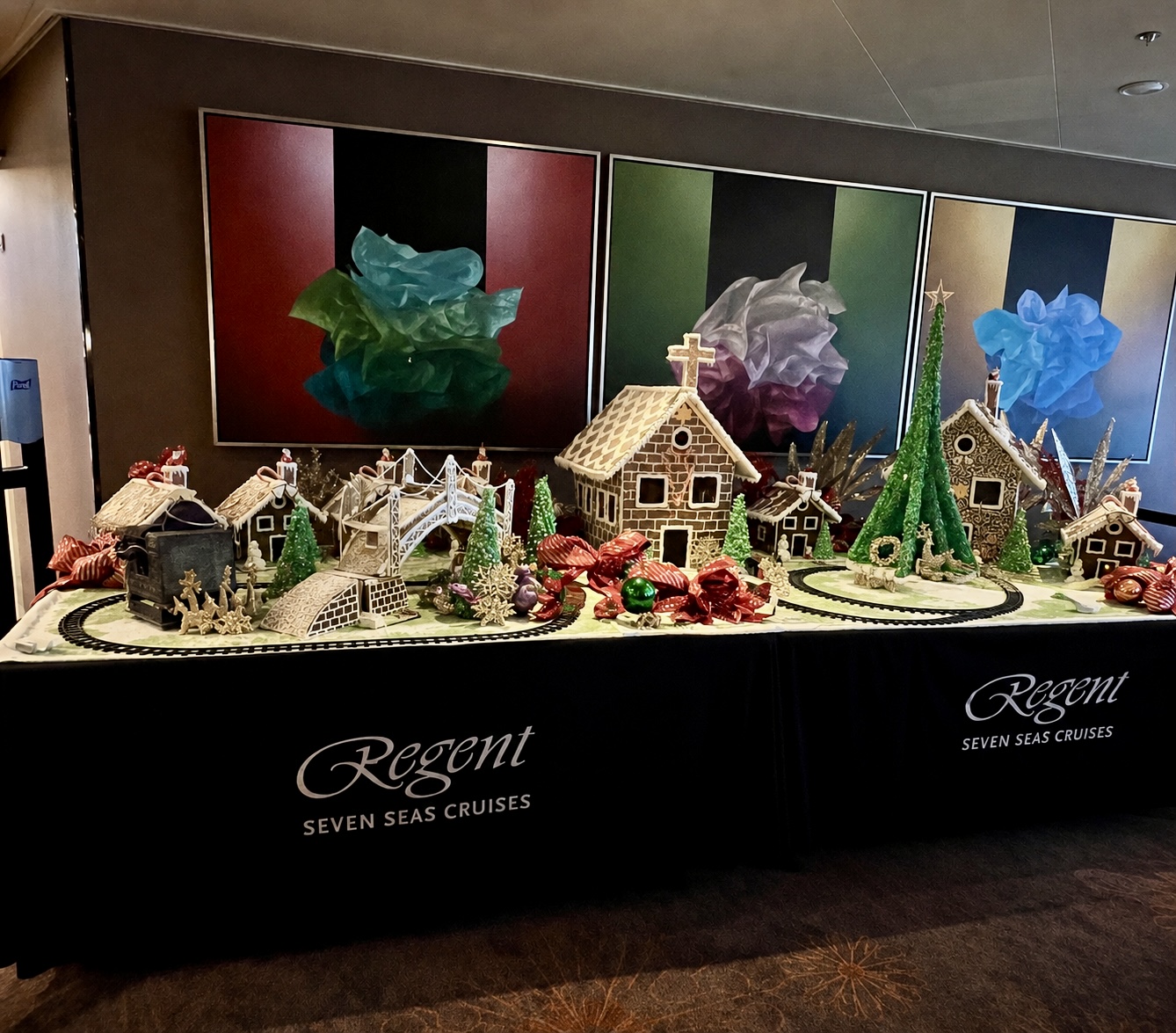 Regent's gingerbread village set up in the atrium aboard Seven Seas Mariner.