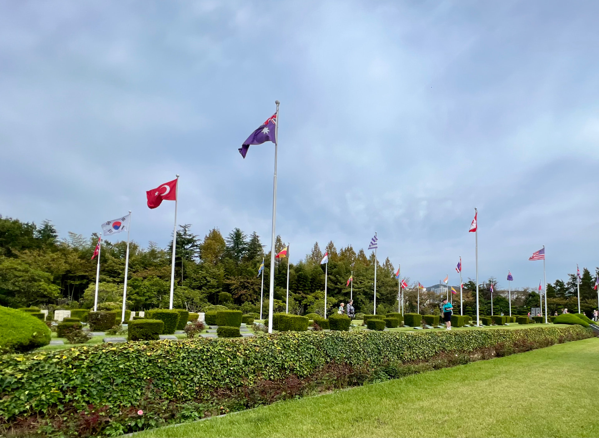 International flags at the United Nations Memorial Cemetery, honoring the nations who served in the Korean War