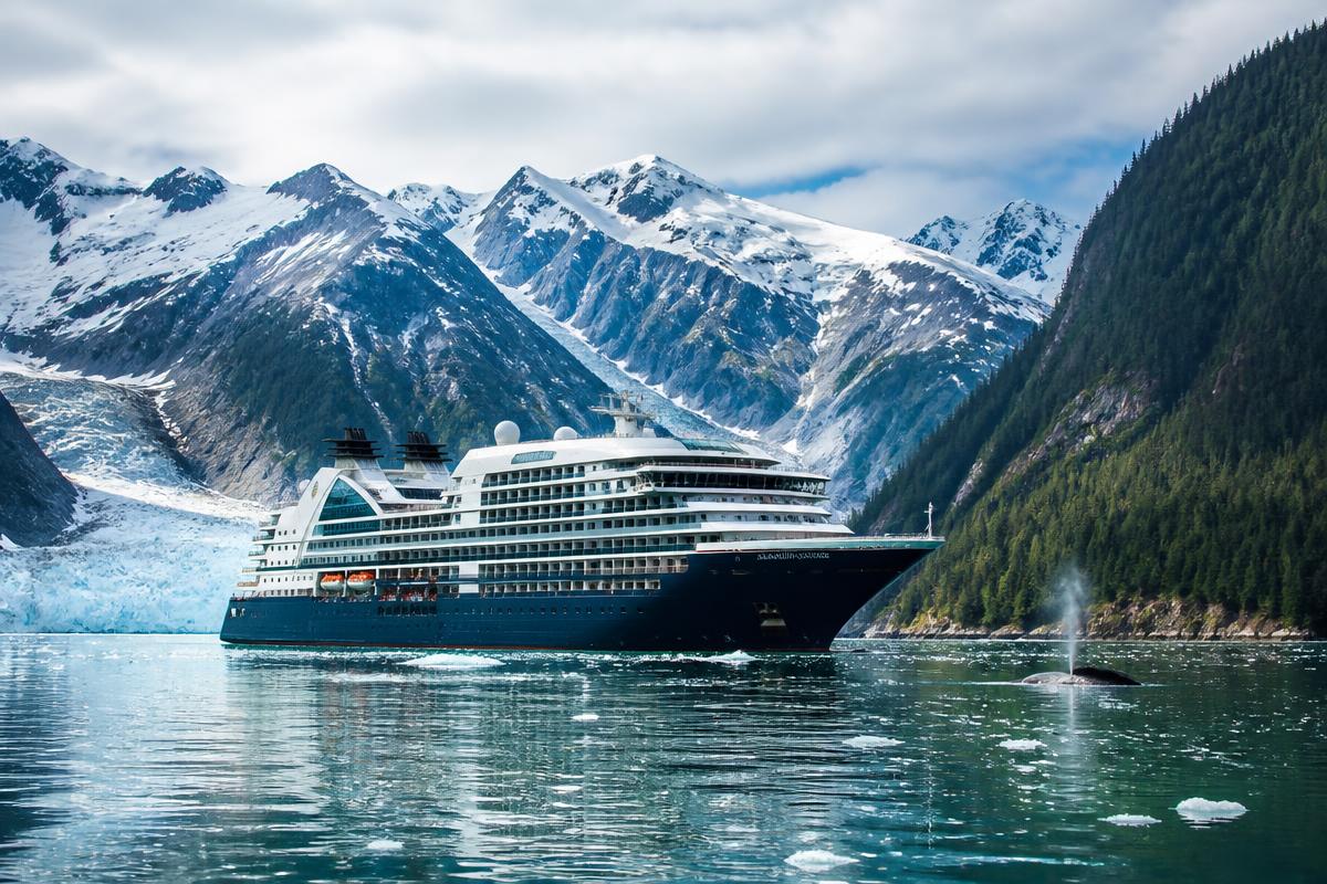 Luxury expedition cruise ship sailing past a blue glacier and snow-capped Alaskan mountains
